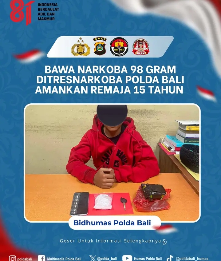 Bawa Narkoba 98 Gram Ditresnarkoba Polda Bali Amankan Remaja 15 Tahun 