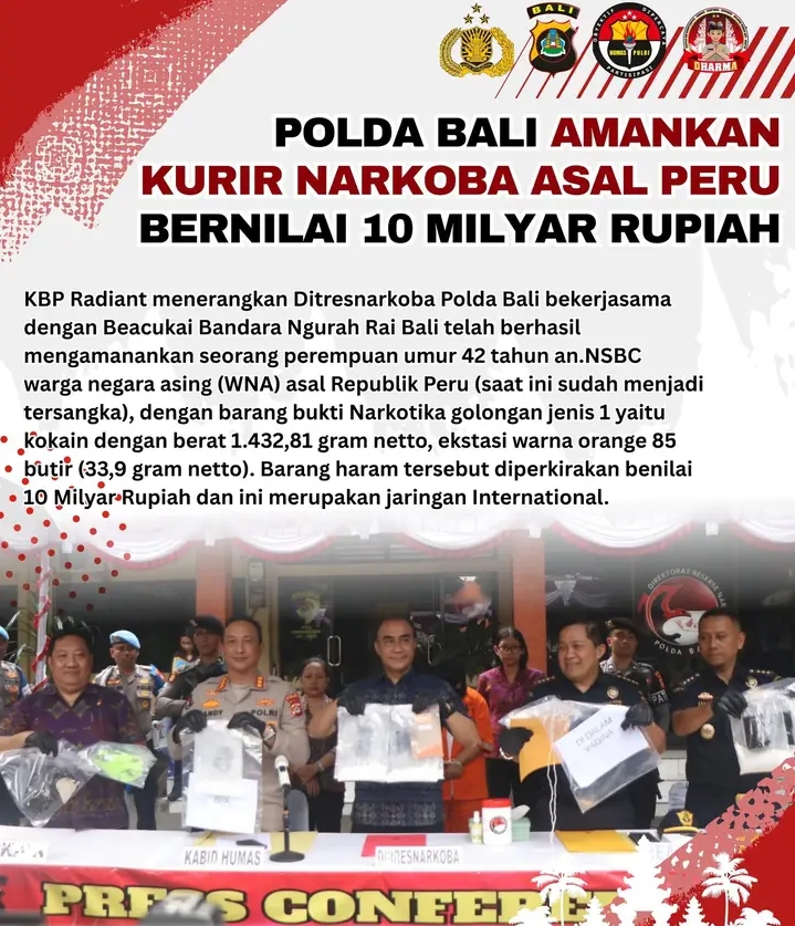 Polda Bali Amankan Kurir Narkoba Asal Peru Bernilai 10 Milyar Rupiah