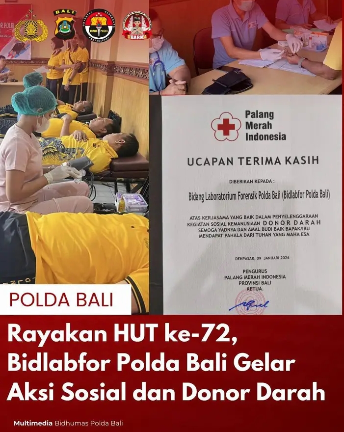 Rayakan HUT ke-72, Bidlabfor Polda Bali Gelar Aksi Sosial dan Donor Darah