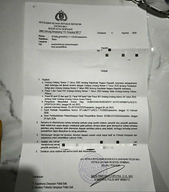 Tiga Tahun Menanti, Laporan Masyarakat di Polresta Denpasar Naik ke Penyidikan